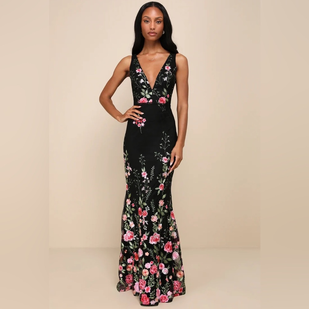 Lulu's Black Maxi Dress with Pink Floral Embroidery